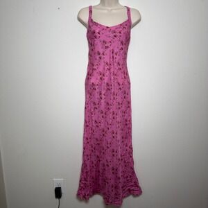 VTG 90s Women 100% Silk Slip Fairy Midi Dress 8 Pink Floral Ethereal Whimsical